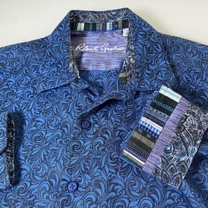Robert Graham Men L Blue Swirl Button Down Shirt Excellent Classic Fit Flip Cuff